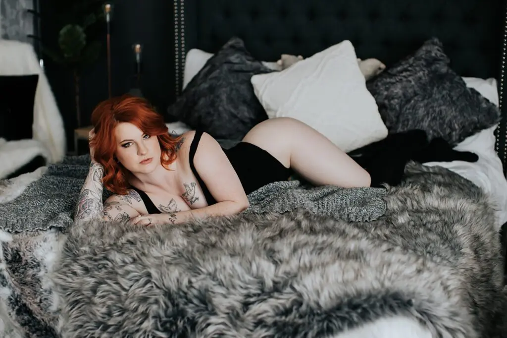 calgary boudoir photographers, tattooed babes, boudoir with tattoos, boudoir ideas, red headed boudoir, boudoir poses, boudoir outfit inspiration