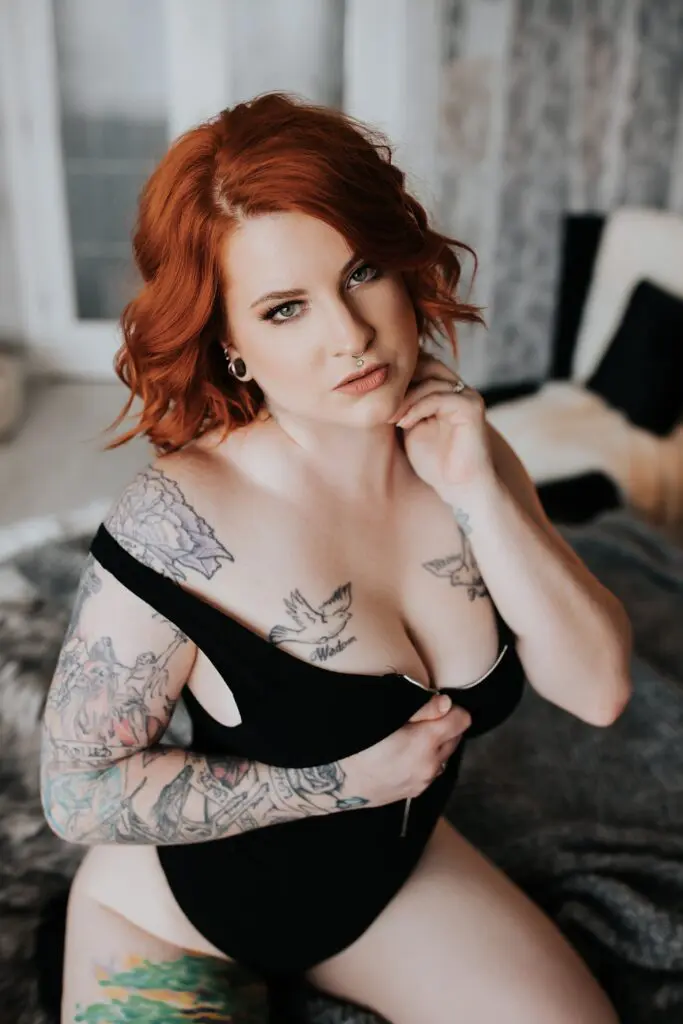 calgary boudoir photographers, tattooed babes, boudoir with tattoos, boudoir ideas, red headed boudoir, boudoir poses, boudoir outfit inspiration