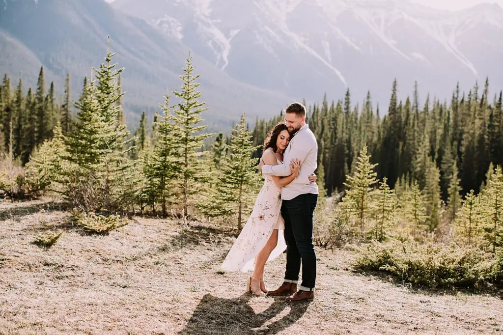 sun drenched canmore engagement session, canmore wedding photographers, canmore engagement photographer, mountain engagement session, summer engagement session