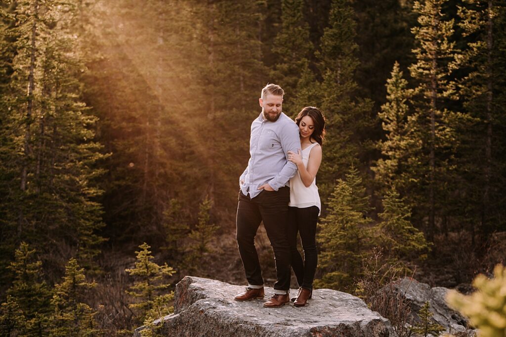 sun drenched canmore engagement session, canmore wedding photographers, canmore engagement photographer, mountain engagement session, summer engagement session