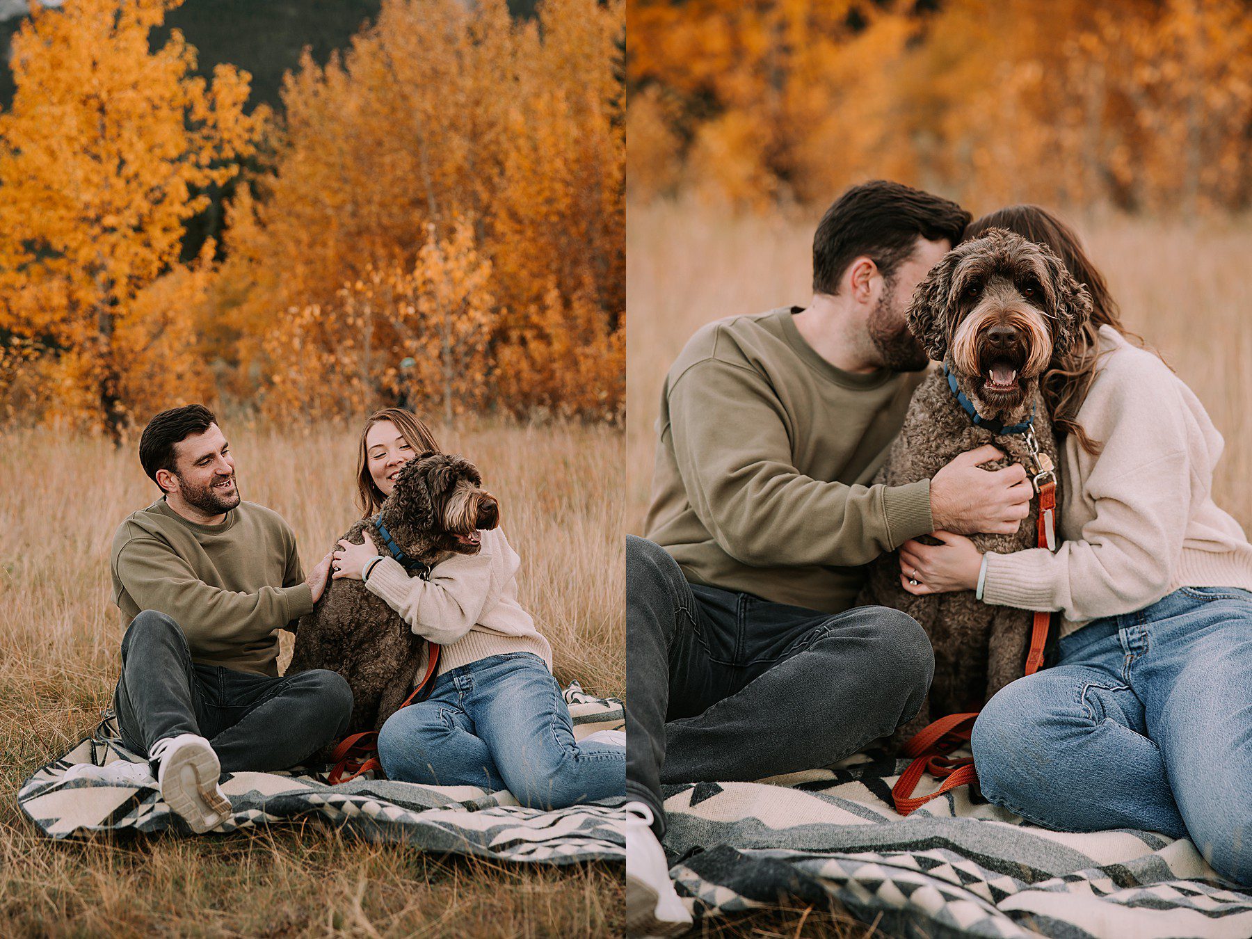 couple sitting on a blanket while snuggling their doodle