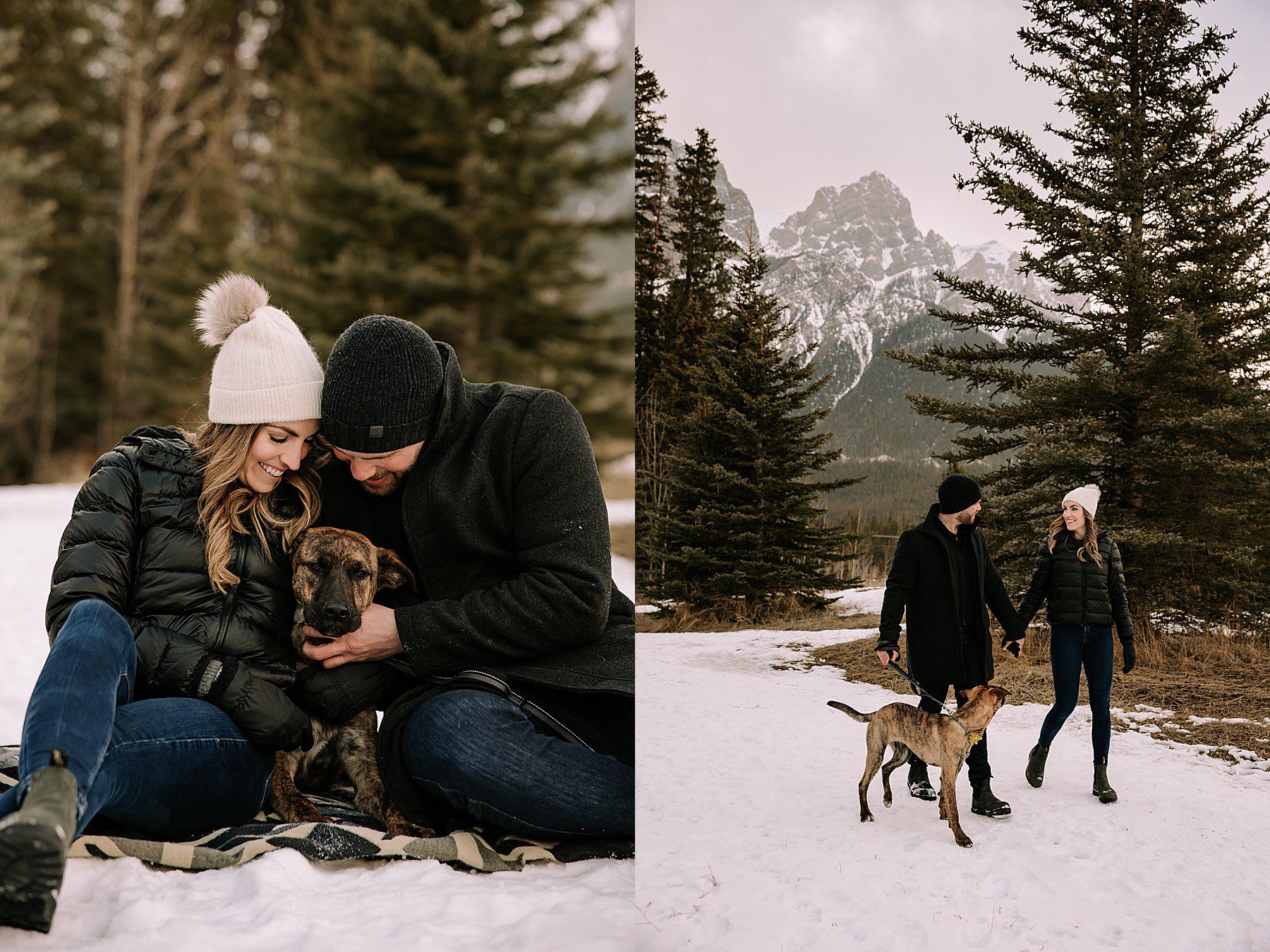 couple wearing winter outfits while standing in the snow surrounded by trees