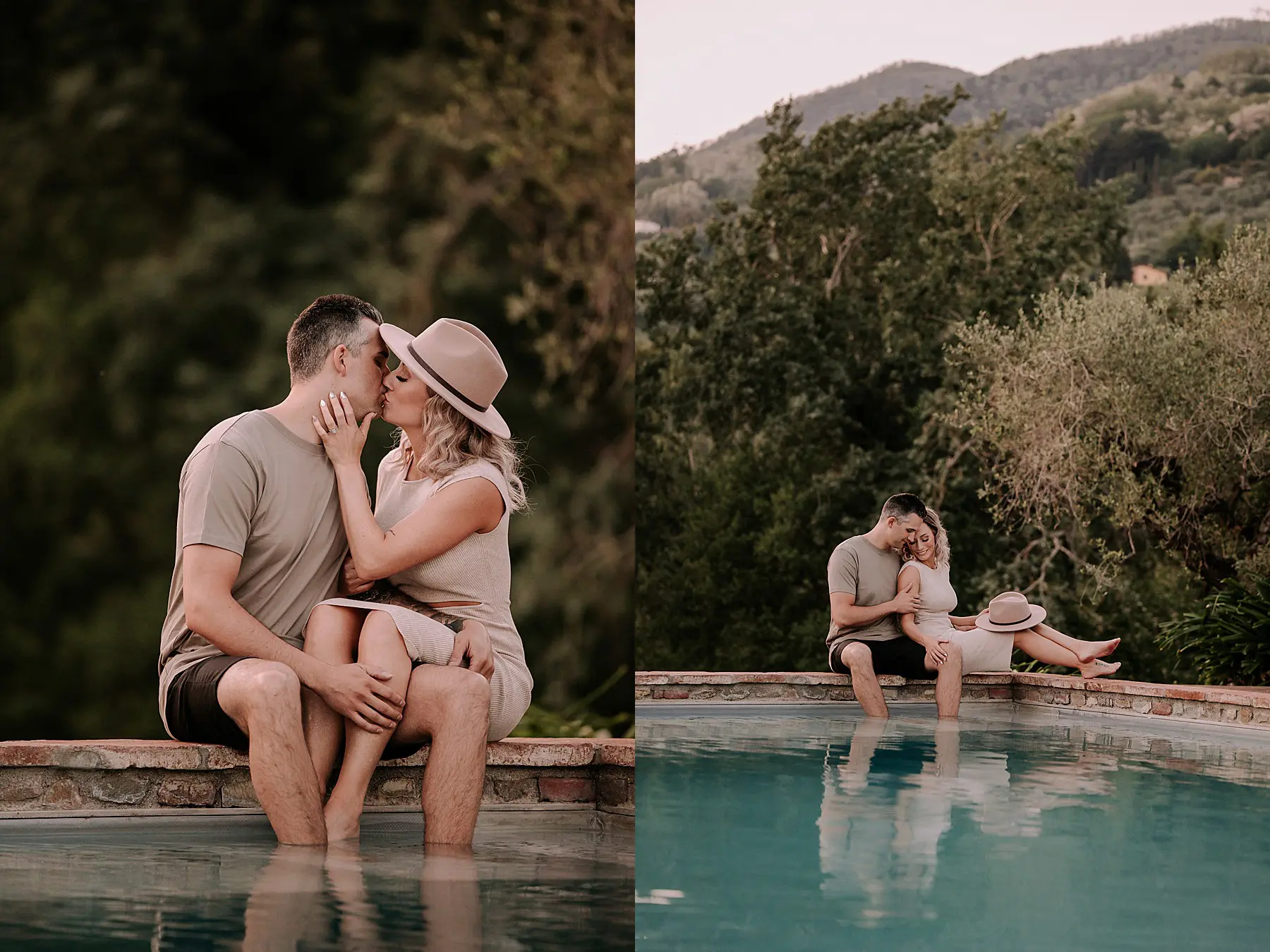 couple wearing stylish resort wear by a pool in tuscany. They are snuggling in a romantic pose with a pool in front of them and lush greenery and rolling hills behind them