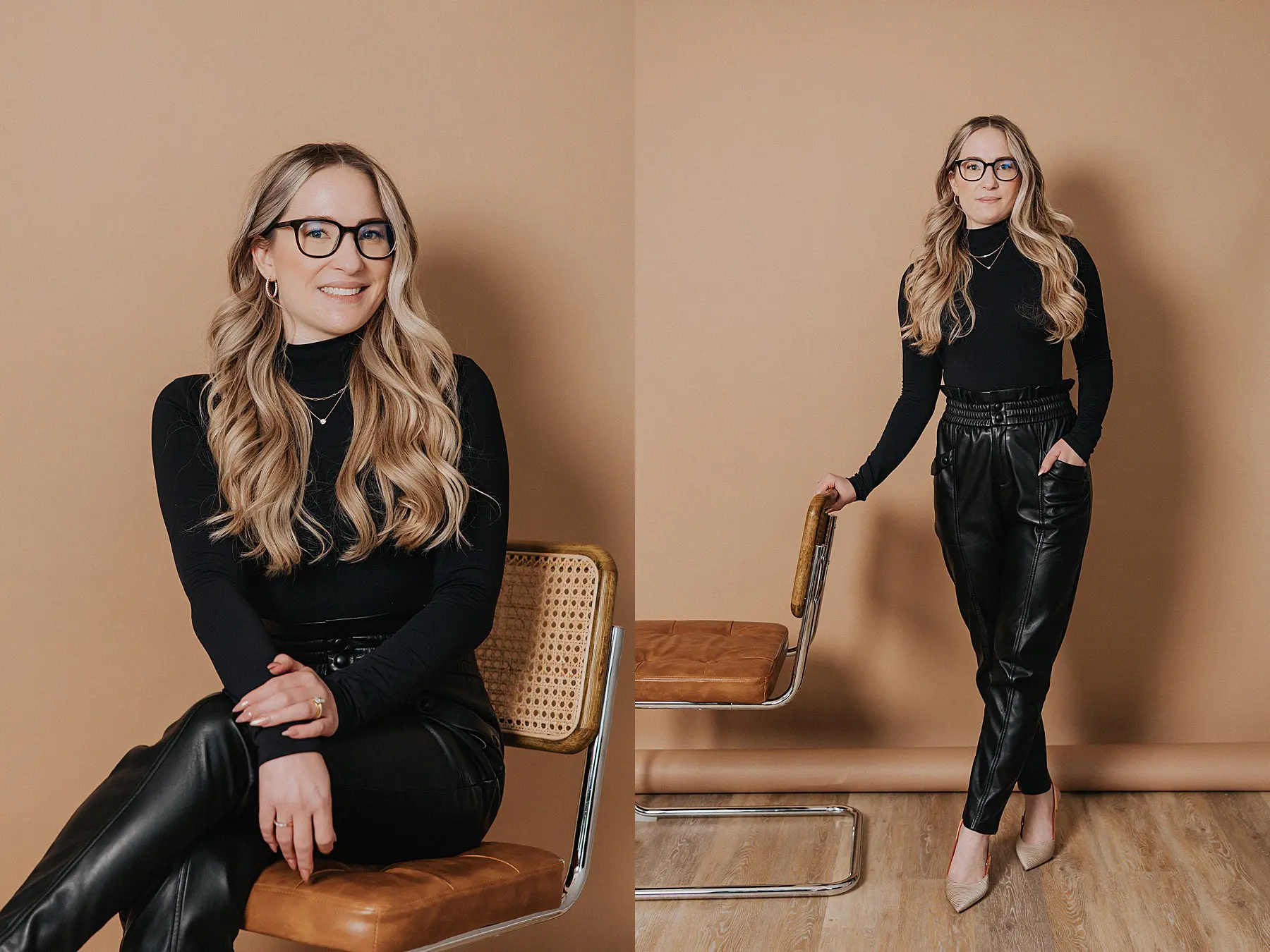confident woman in semi professional attire posing for modern studio portrait session. Wearing black trousers and black long sleeve sweater