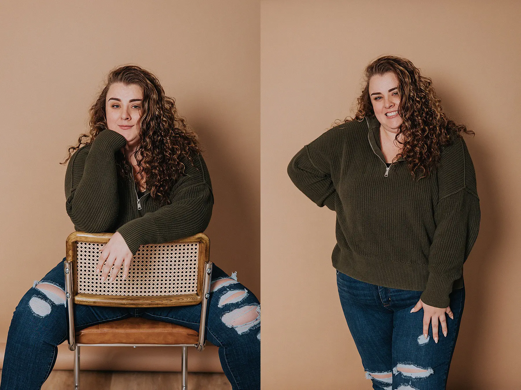 a smiley happy girl posing for modern portrait photos in front of a plain backdrop. She is wearing a green sweater and jeans and has naturally curly hair
