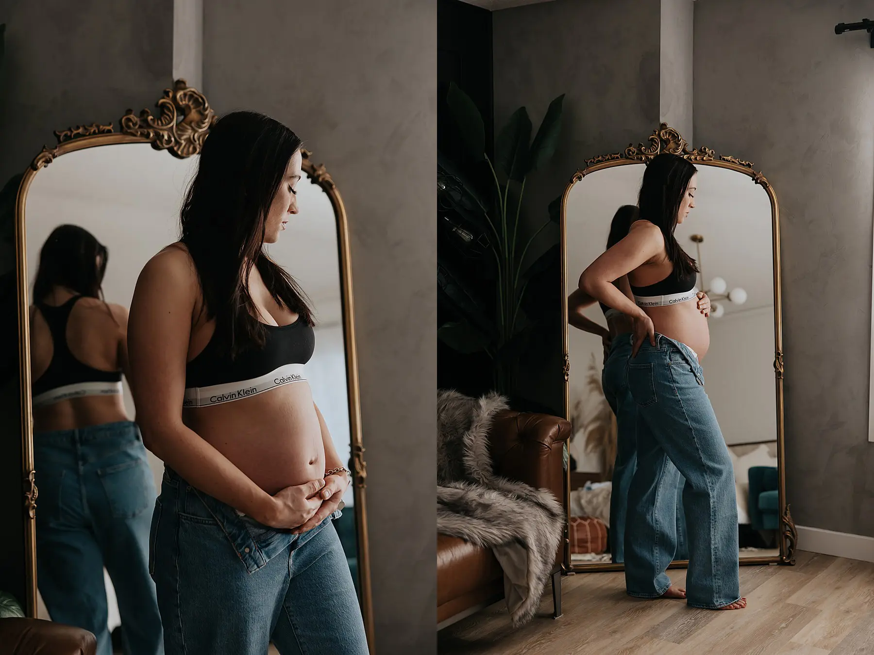 woman posing in a studio for maternity photos. She is wearing jeans with the top button undone and a black calvin klein bra
