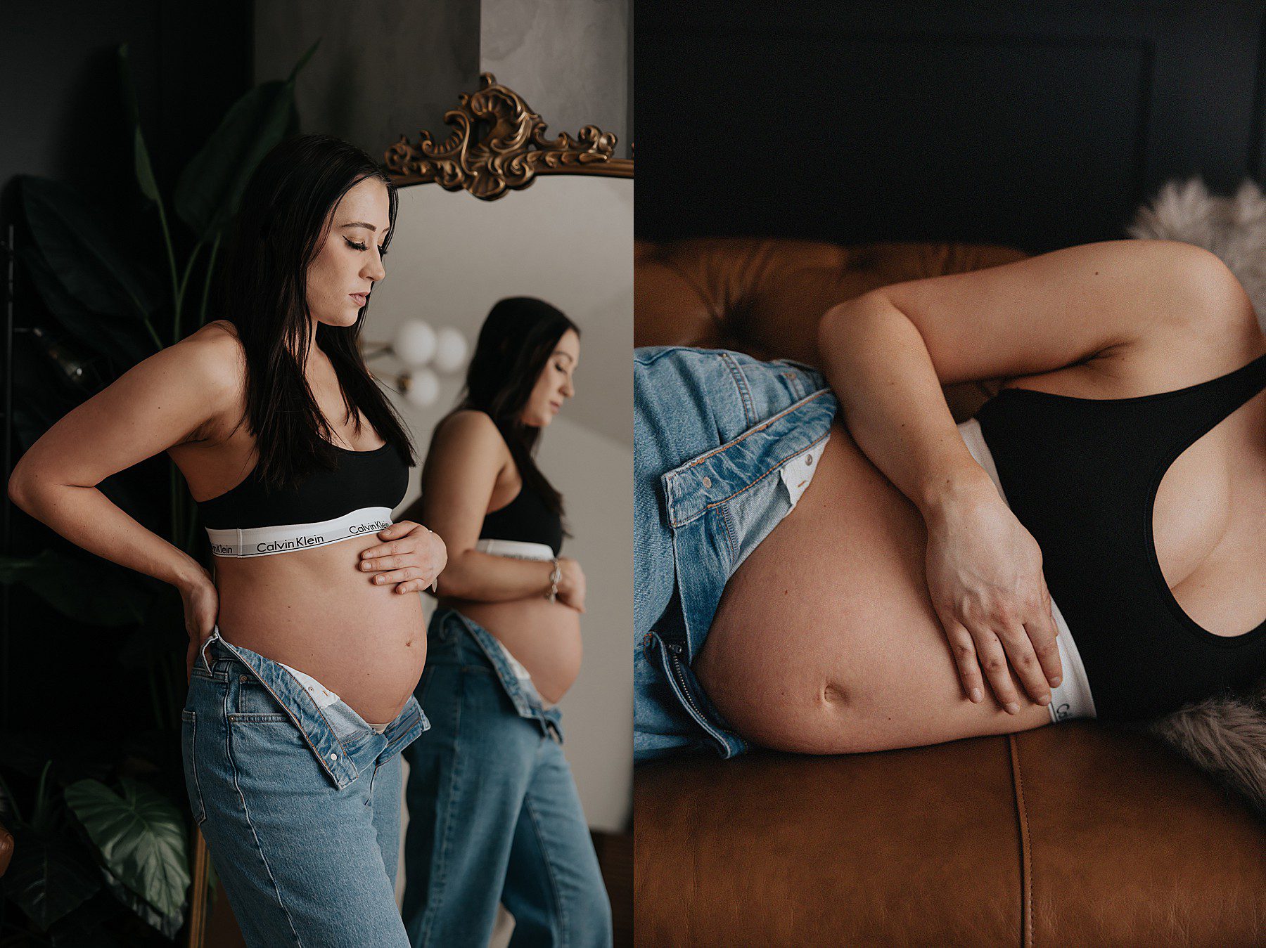 woman posing in a studio for maternity photos. She is wearing jeans with the top button undone and a black calvin klein bra