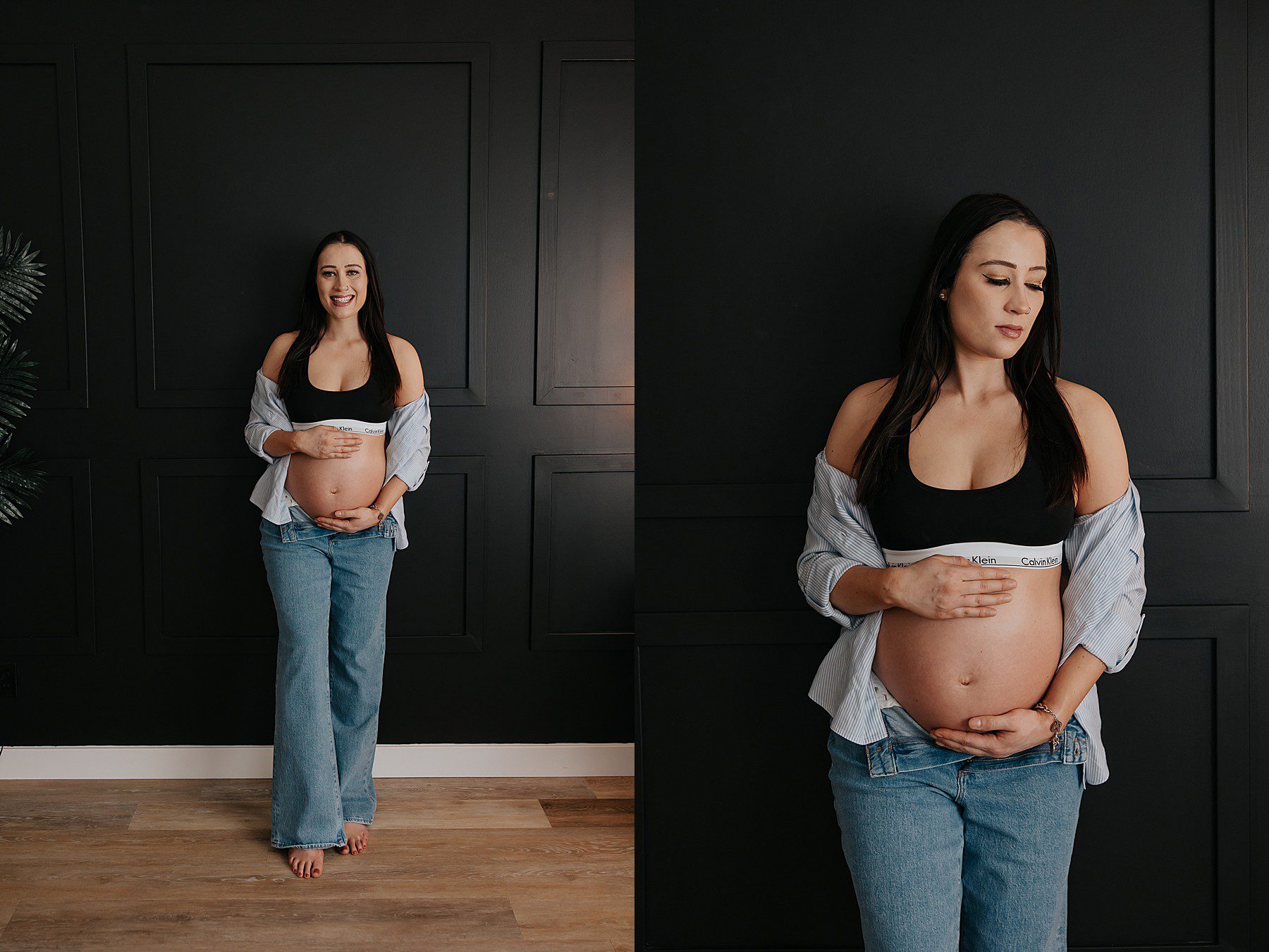 woman posing in a studio for maternity photos. She is wearing jeans with the top button undone and a black calvin klein bra
