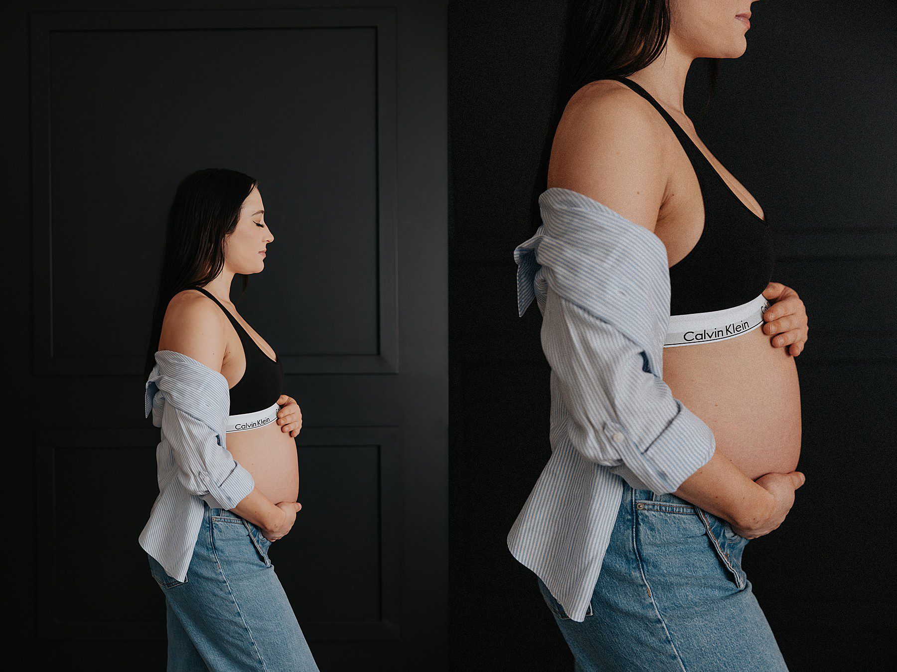 woman posing in a studio for maternity photos. She is wearing jeans with the top button undone and a black calvin klein bra