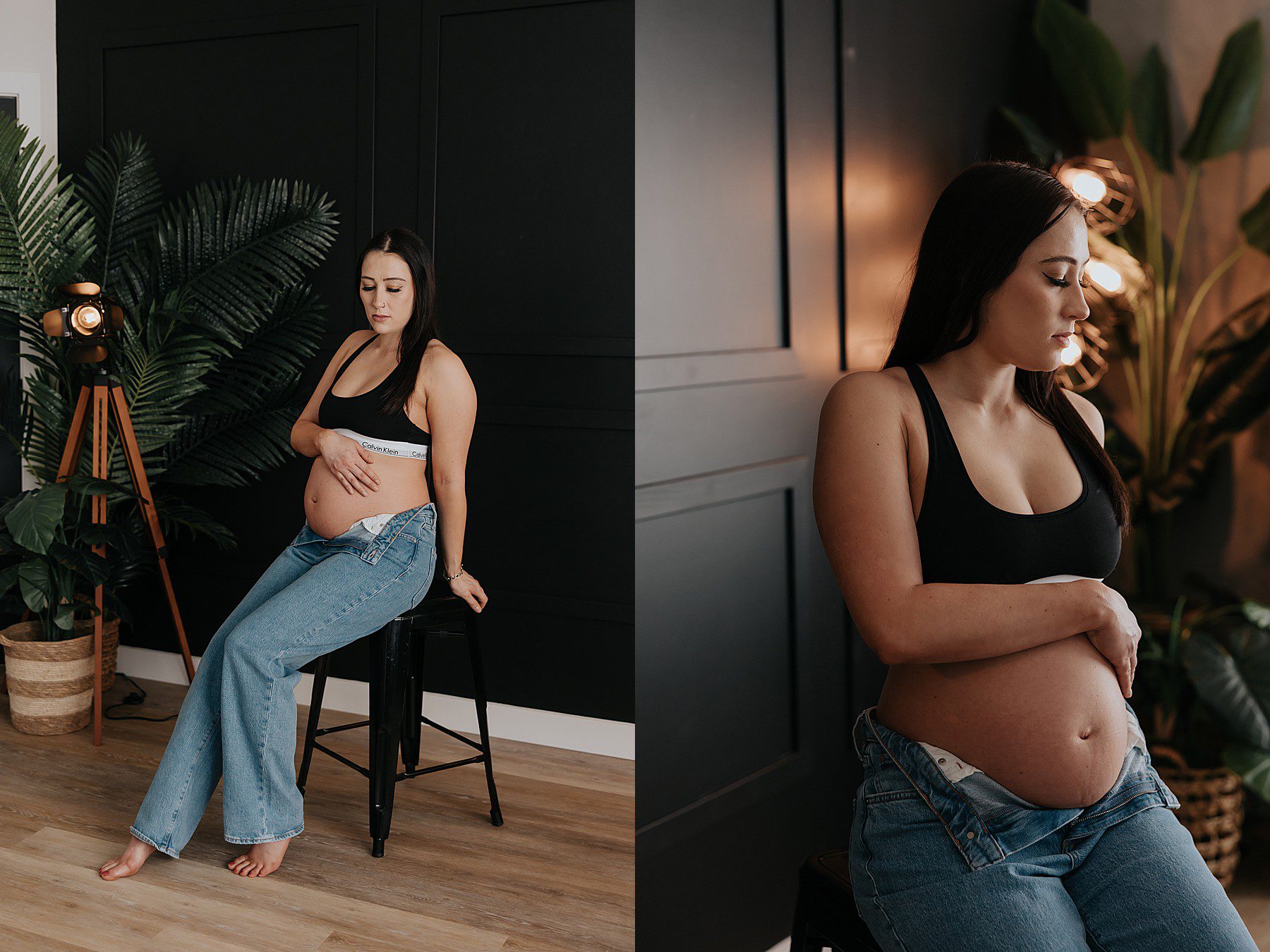 woman posing in a studio for maternity photos. She is wearing jeans with the top button undone and a black calvin klein bra