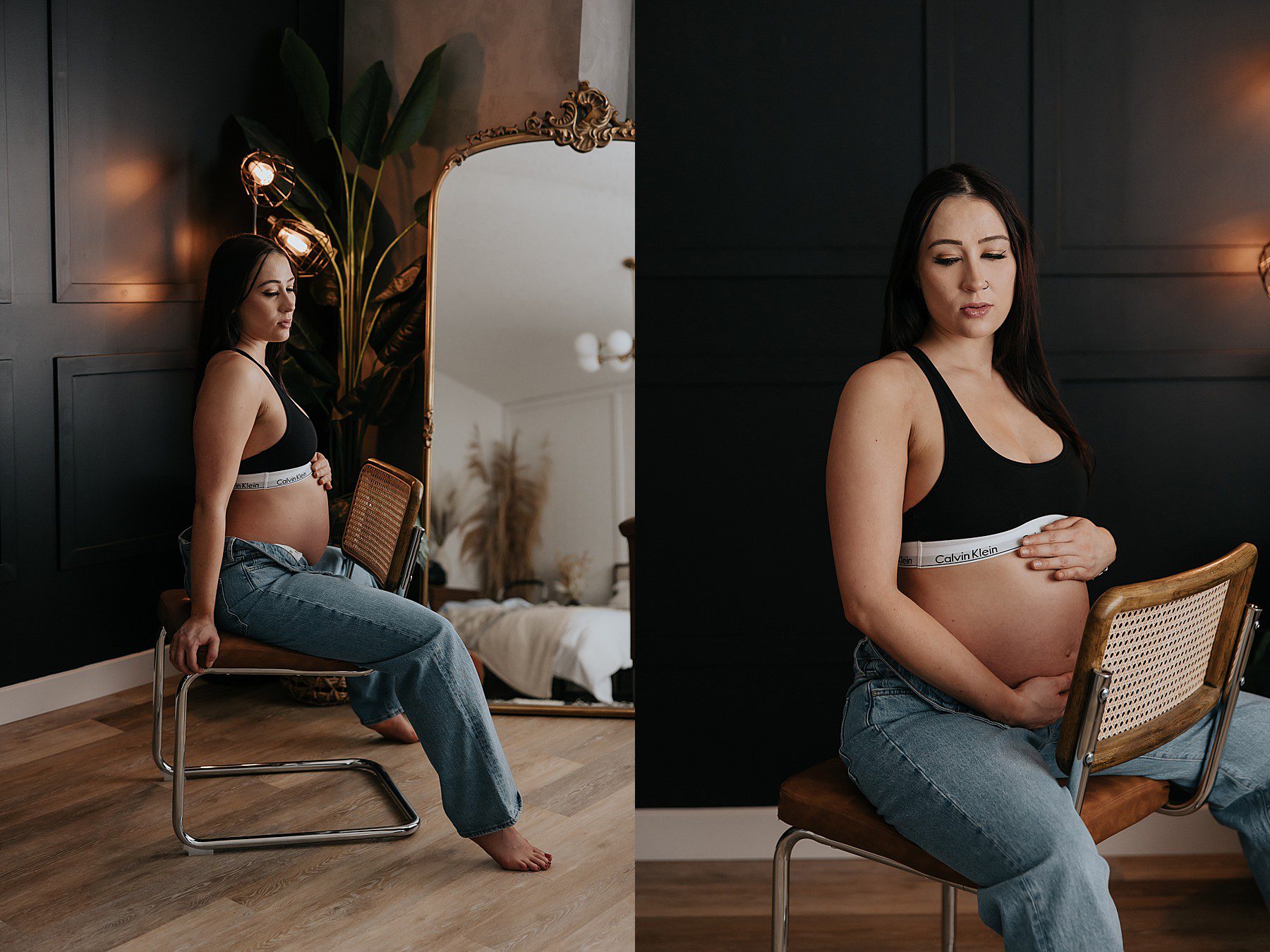 woman posing in a studio for maternity photos. She is wearing jeans with the top button undone and a black calvin klein bra