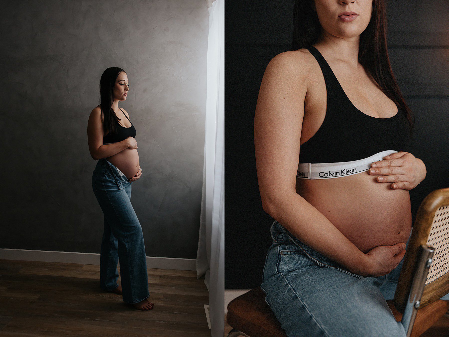 woman posing in a studio for maternity photos. She is wearing jeans with the top button undone and a black calvin klein bra