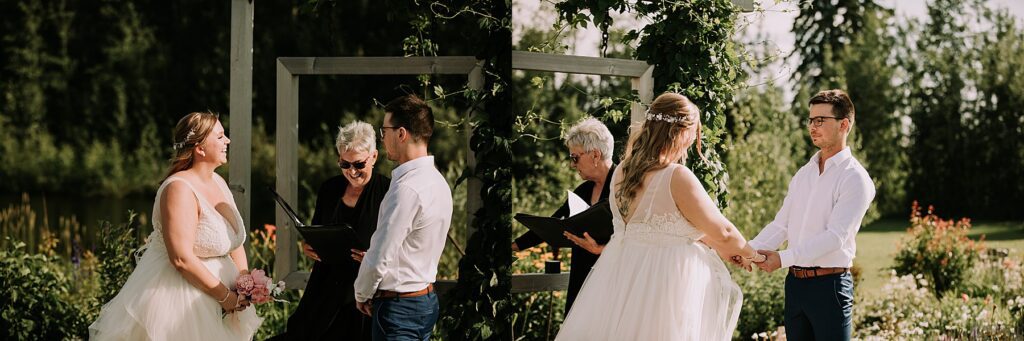 women dressed in a wedding dress and man dressed in dress pants and white shirt. They are standing at the wedding alter surrounded by nature