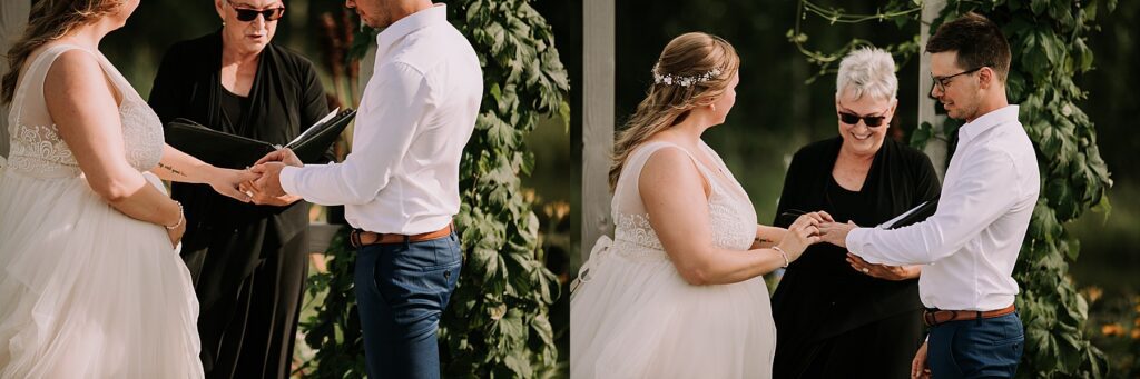 women dressed in a wedding dress and man dressed in dress pants and white shirt. They are standing at the wedding alter surrounded by nature