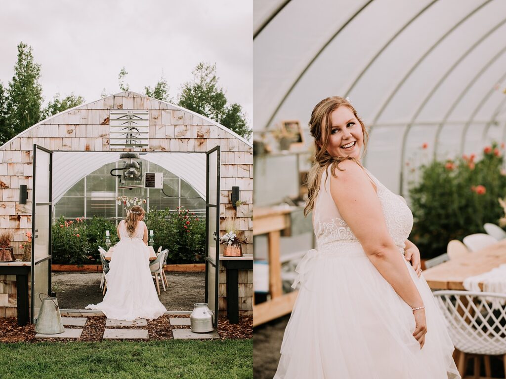 bride and groom standing in nature and snuggling close while posing for wedding photos.