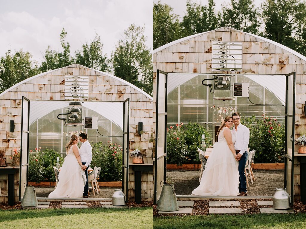 bride and groom standing in nature and snuggling close while posing for wedding photos. 