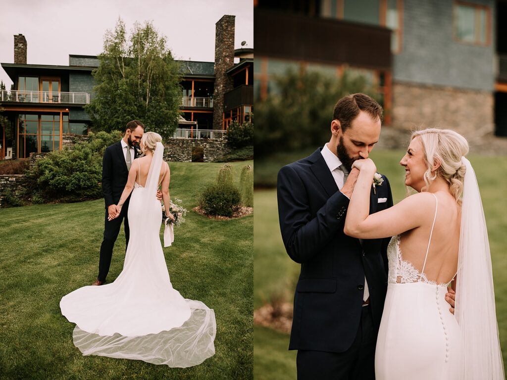 bride and groom romantically posed close together. They are posing for wedding portraits. He is wearing a navy suit and she is wearing a slim fitting dress and veil
