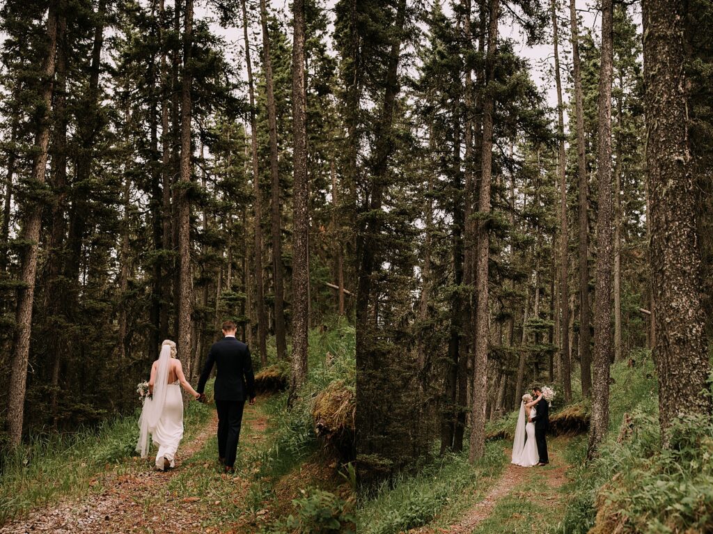 bride and groom romantically posed close together. They are posing for wedding portraits. He is wearing a navy suit and she is wearing a slim fitting dress and veil