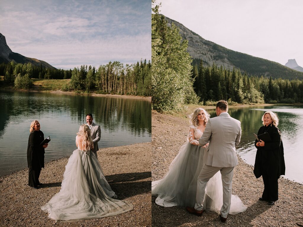 bride and groom holding hands in front of a pond while saying their wedding vows