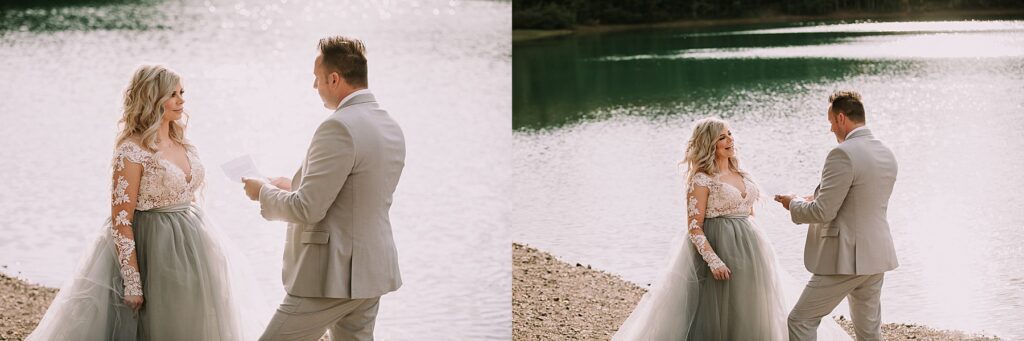 bride and groom holding hands in front of a pond while saying their wedding vows