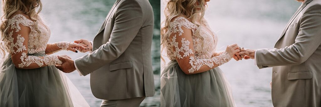 bride and groom holding hands in front of a pond while saying their wedding vows