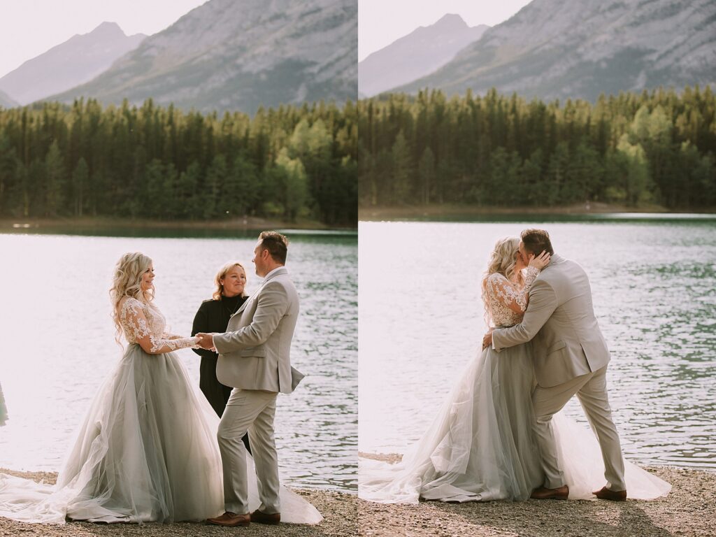 bride and groom holding hands in front of a pond while saying their wedding vows